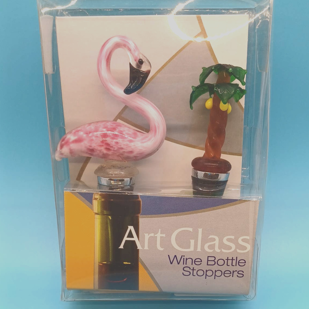 Wine Bottle Stopper Cork Set NEW Art Glass Pink Flamingo & Palm Tree